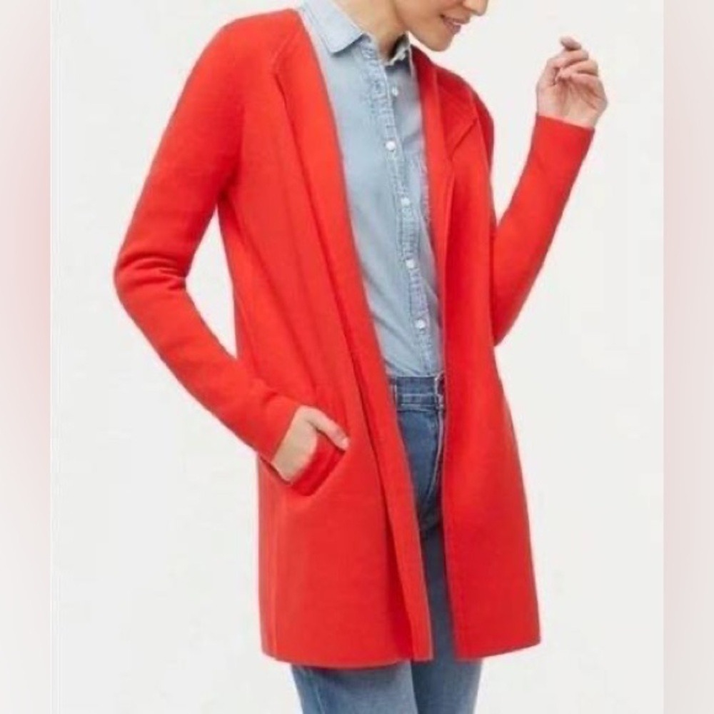 J. Crew Red Open Front Cotton Sweater Blazer Cardigan Pockets Size L 475